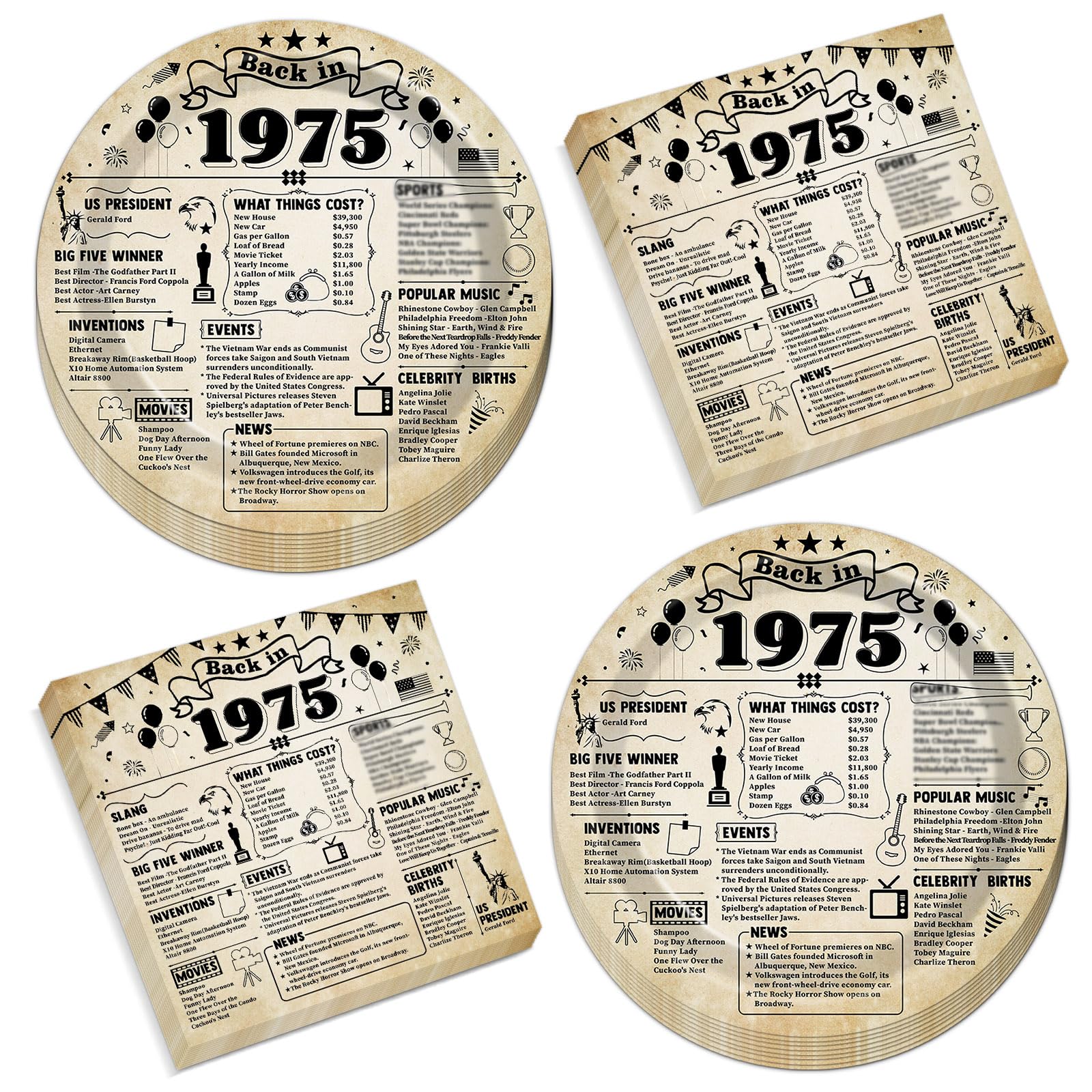 Photo 1 of CHUNNIN 50Pcs 50th Birthday Party Paper Plates and Napkins Back in 1975 Dessert Cake Plates Vintage 50 Year Old Theme Decorations 1975 Tableware Set Serves 25 Guest 50th Birthday Party Supplies