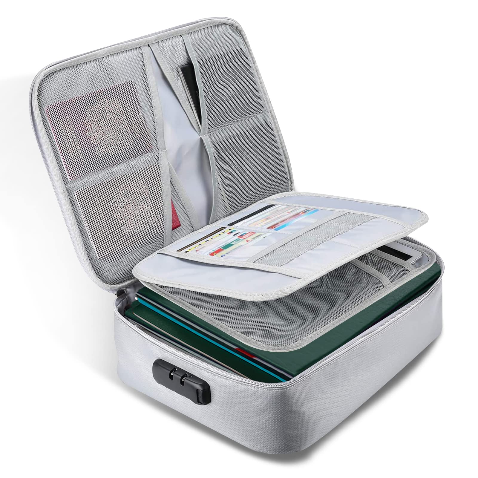 Fireproof Bag Document Bag, Large Storage Box for Files, Fireproof Waterproof Bag with Lock, Document Storage for A4 Documents, Cash (36 x 27 x 10 cm: Silver)