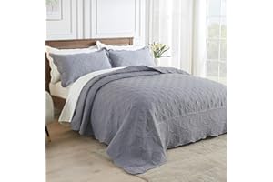 SUCHBED King Bed Quilt Set - Oversized Queen Bedspread, Lightweight Coverlet Sets with Shams, Grid & Damask Quilted Bedspread for All Season, Grey