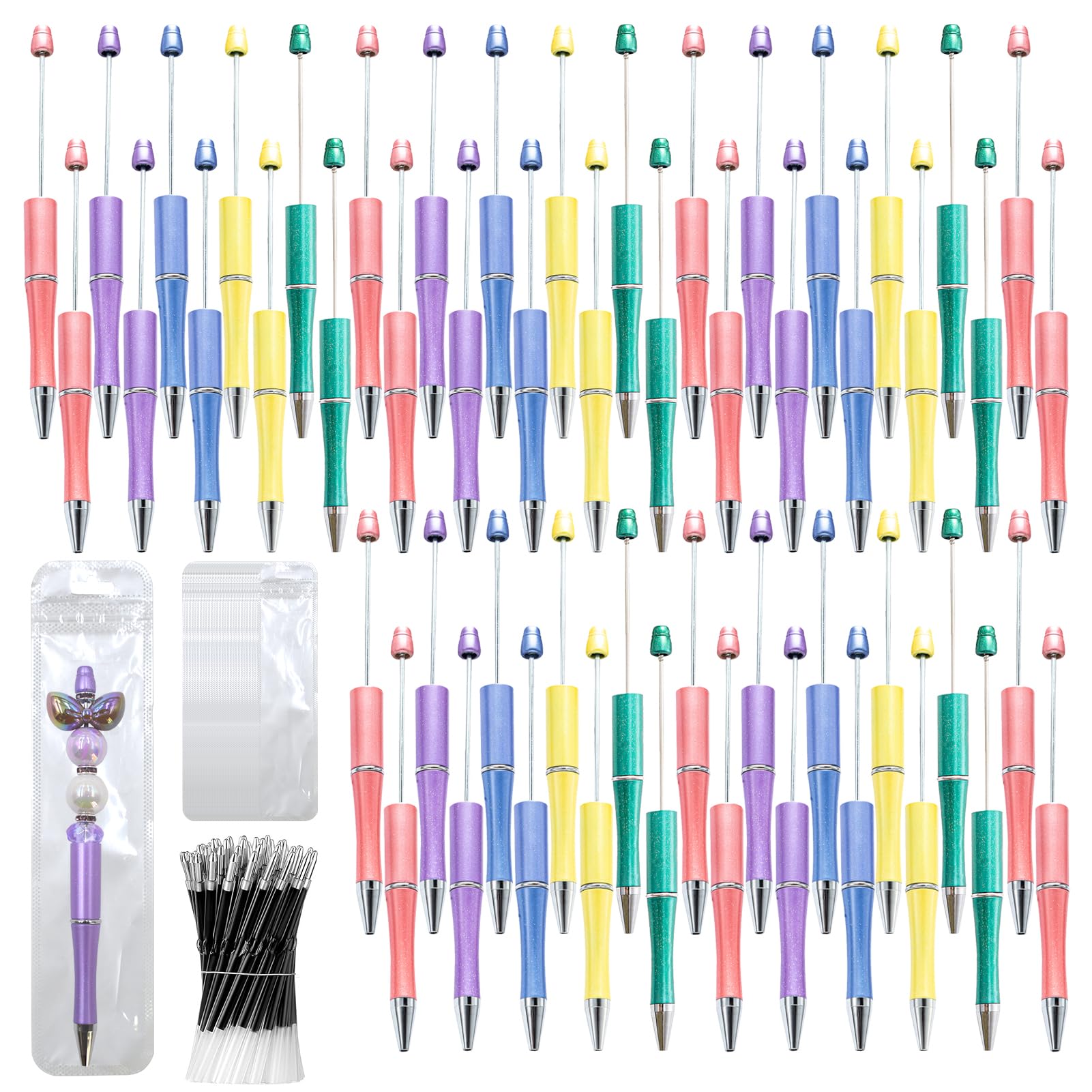 DASTTUIS 300 Pieces DIY Beadable Pen Kit – 100 Plastic Ballpoint Pens with Refills & Bags – School Supplies, Office Accessories & Decorative Items for Students & Teachers (Dreamy Soft Palette) Image
