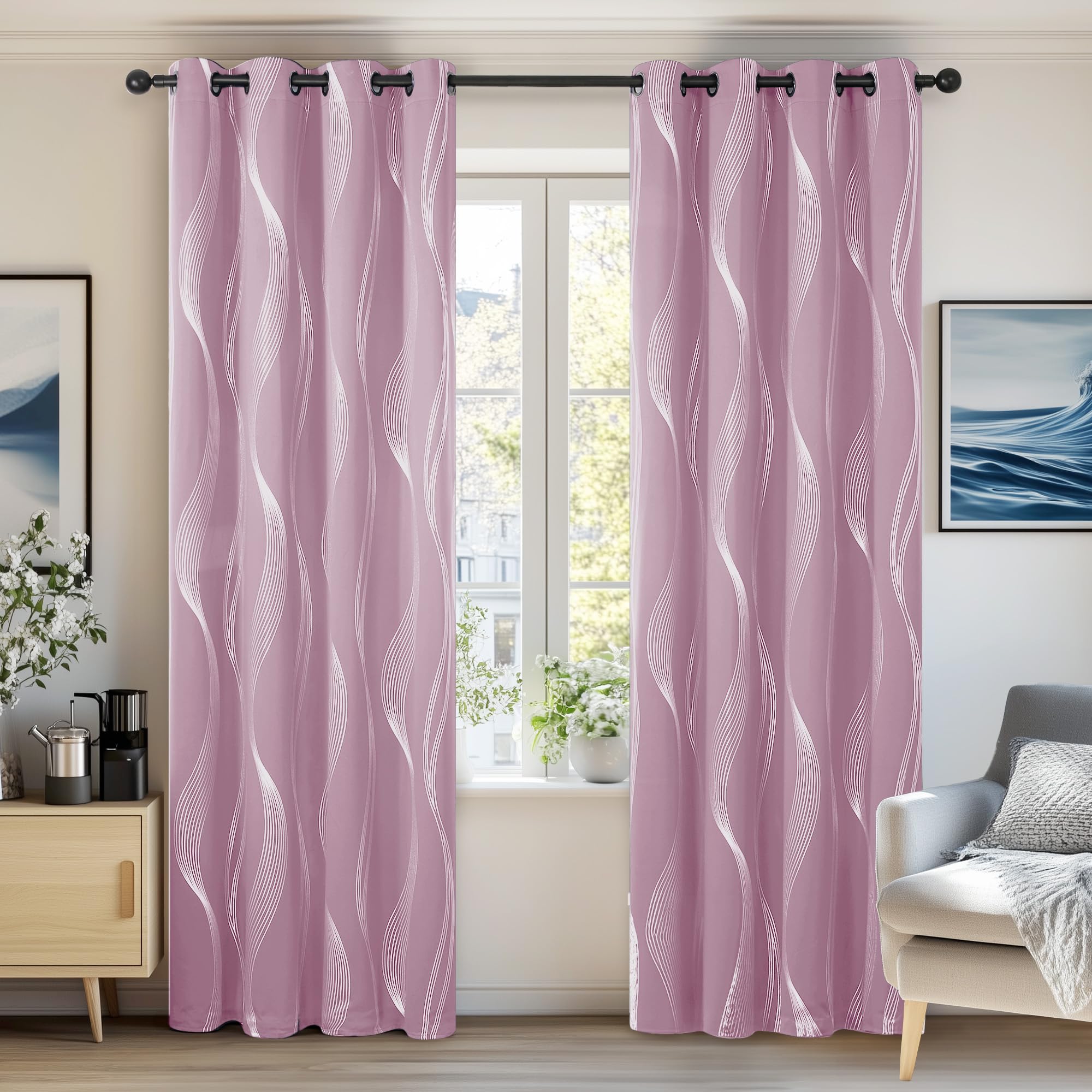 Deconovo Decorative Silver Wave Line Foil Printed Blackout Curtains Thermal Insulated Curtains Eyelet Curtains for Baby Nursery 46 x 72 Inch Light Pink Two Panels