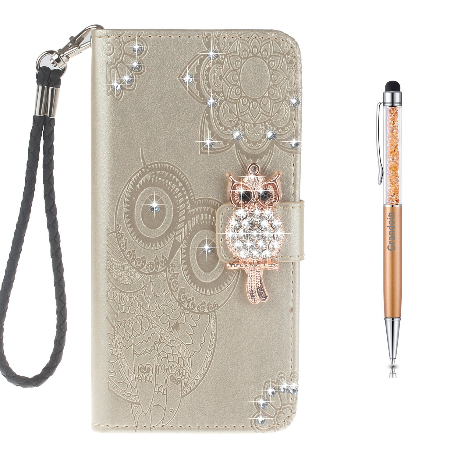 Grandoin Huawei P20 Lite Case, Floral Bling Sparkly Diamonds Gems Cute Owls Pattern Design Premium PU Leather Magnetic Flip Cover with Card Slots Holders Wallet Case For Huawei P20 Lite (Gold)