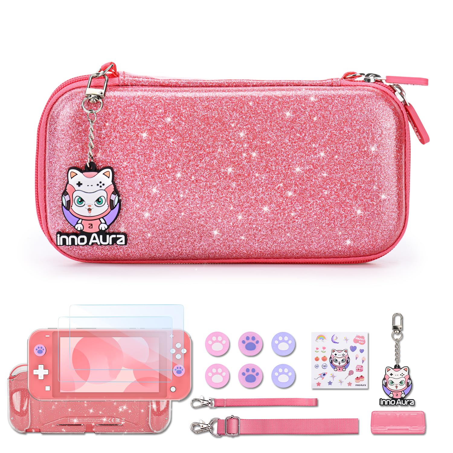 innoAura Switch Lite Case, 15-in-1 Accessories Set with Carrying Case, Screen Protector, Cat Thumb Caps (Glitter Pink)