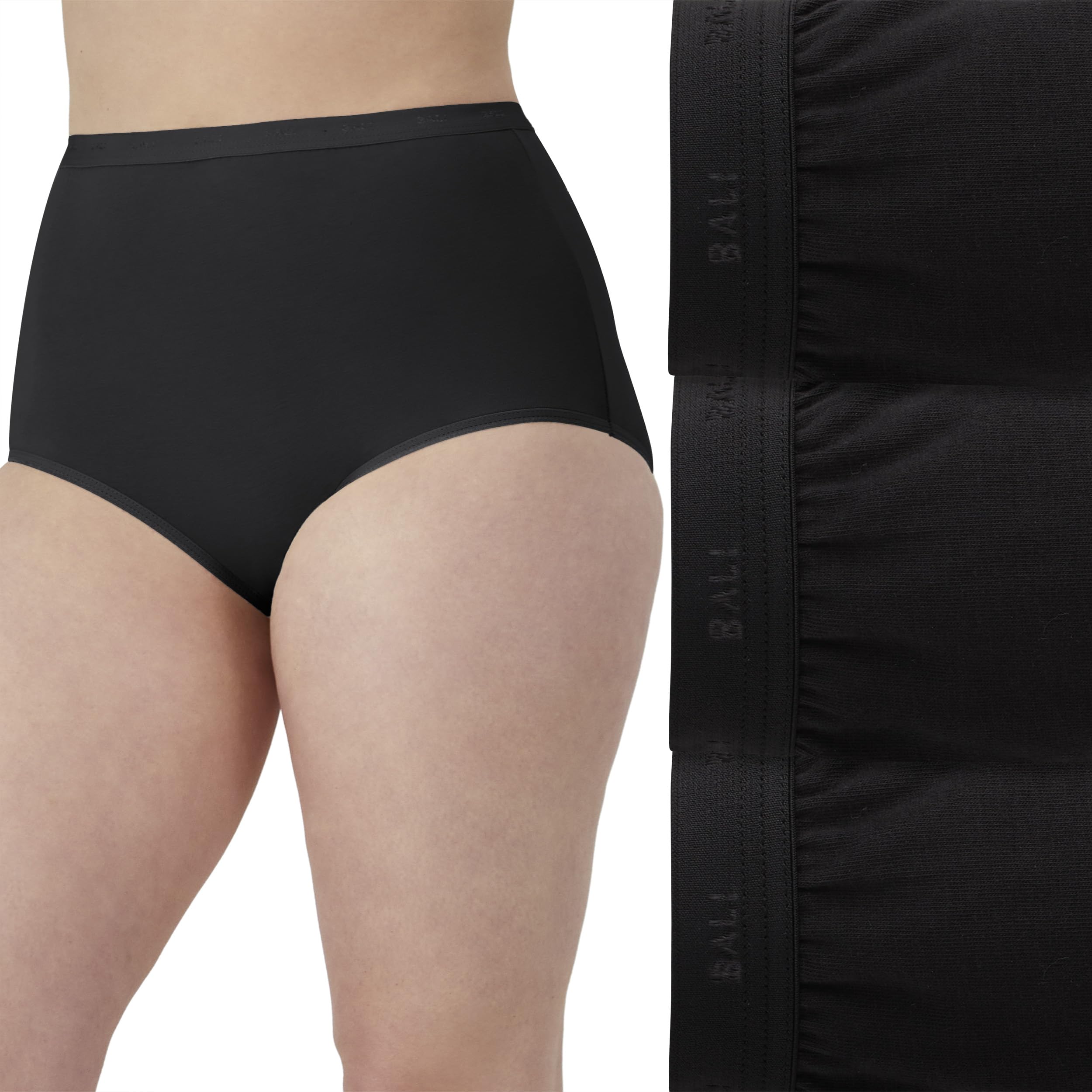 Photo 1 of Bali Women's Stretch Cotton Underwear, Cut-Fit Brief, Full Coverage Panty, 3-Pack, Black/Black/Black L