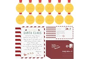 TICIAGA 12 Pack Christmas Official Letter and Certificate from Santa Claus, Included Santa Nice List Medal with Red Neck Ribbon Certificate North Pole and Envelopes for Kids Xmas Family Party Favors