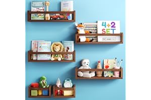 HOMEY PANDA Wall-Mounted Nursery Bookshelves - 4 Long + 2 Mini Shelves, Kids Room Storage (Walnut Pine Wood)