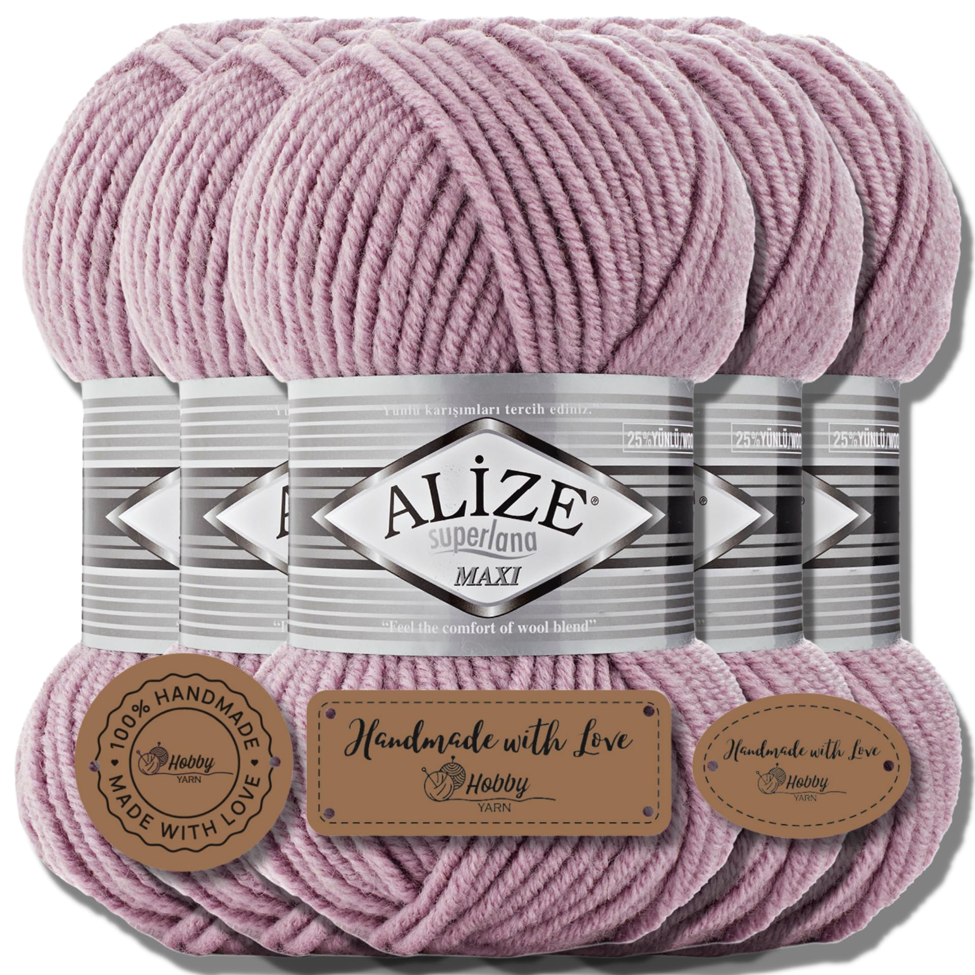 Hobby YARN Alize Superlana Maxi Turkish Premium Wool, Cotton and Acrylic, 5 x 100 g, Plain Hand Knitting Yarn, Knitting Yarn Plain Baby for Crocheting, Knitting, Clothing, Scarves (Dusty Lilac 505)