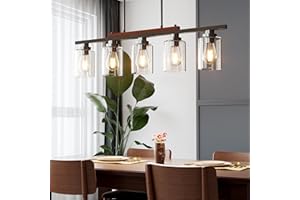TADPOLE JUMP 5-Light Kitchen Island Light, 33.4" Island Lighting with Black Metal & Wood, Dining Room Light Fixture for Kitchen Island, Adjustable Height (Bulbs Not Included)