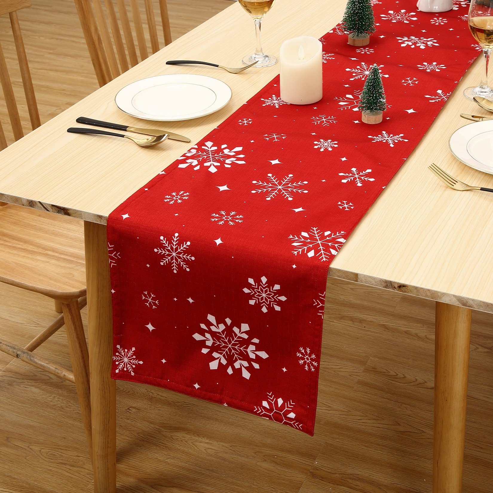 Hapterouse Christmas Table Runner Double-sided Snowflakes Printed Table Runners Coffee Table Decorations Waterproof Polyester Tablecloths Wipe Clean Table Cover for Holiday Kitchen 13 x 54 Inch Red