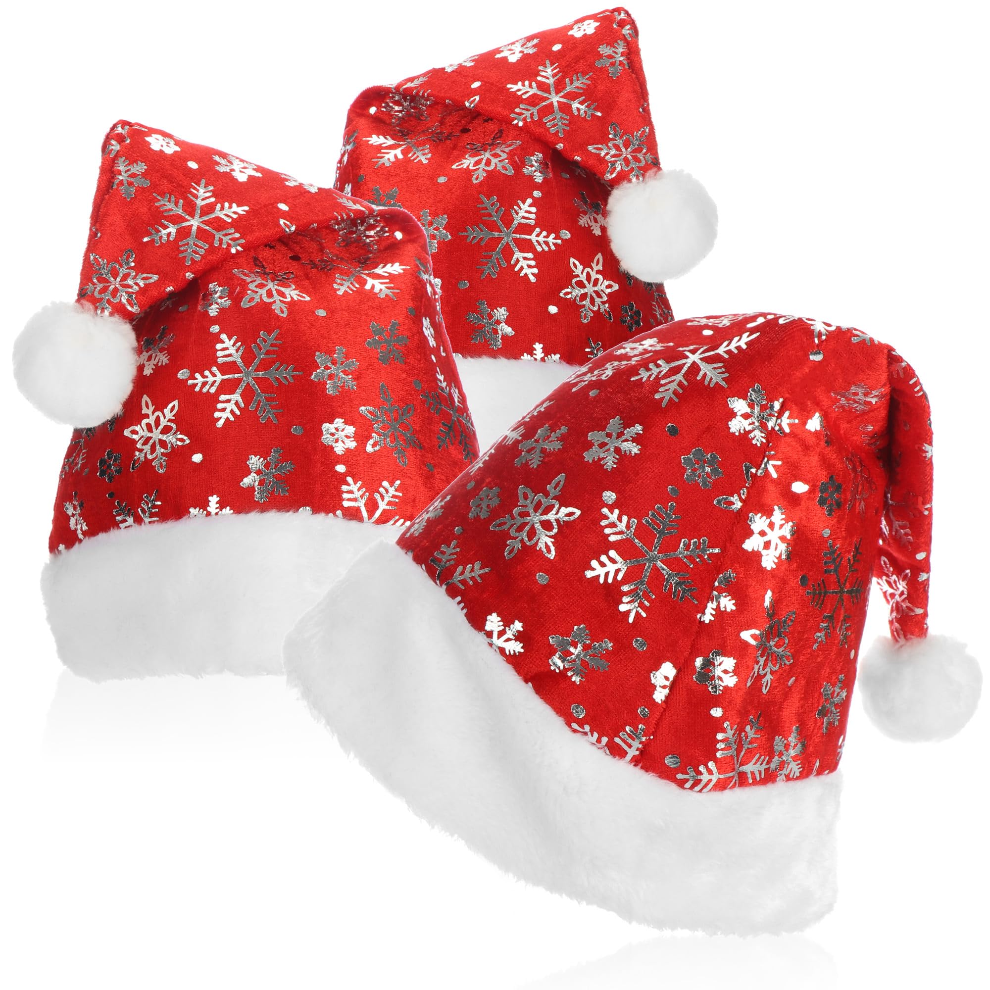 com-four® 3x Santa hat with bobble - X-Mas Santa Claus hat - velor hat with plush border for Santa Claus and Christmas - hat with snowflake design (04 pieces - cap)