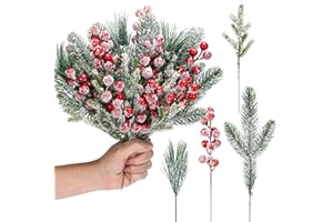 Lyrow 80 Pieces Christmas Snowy Pine Tree Picks Artificial Berry Stems Sprays Faux Cedar Pine Needles Branches for Holiday Arrangement Wreath DIY Garland Holiday Decor Winter Greenery (Red)