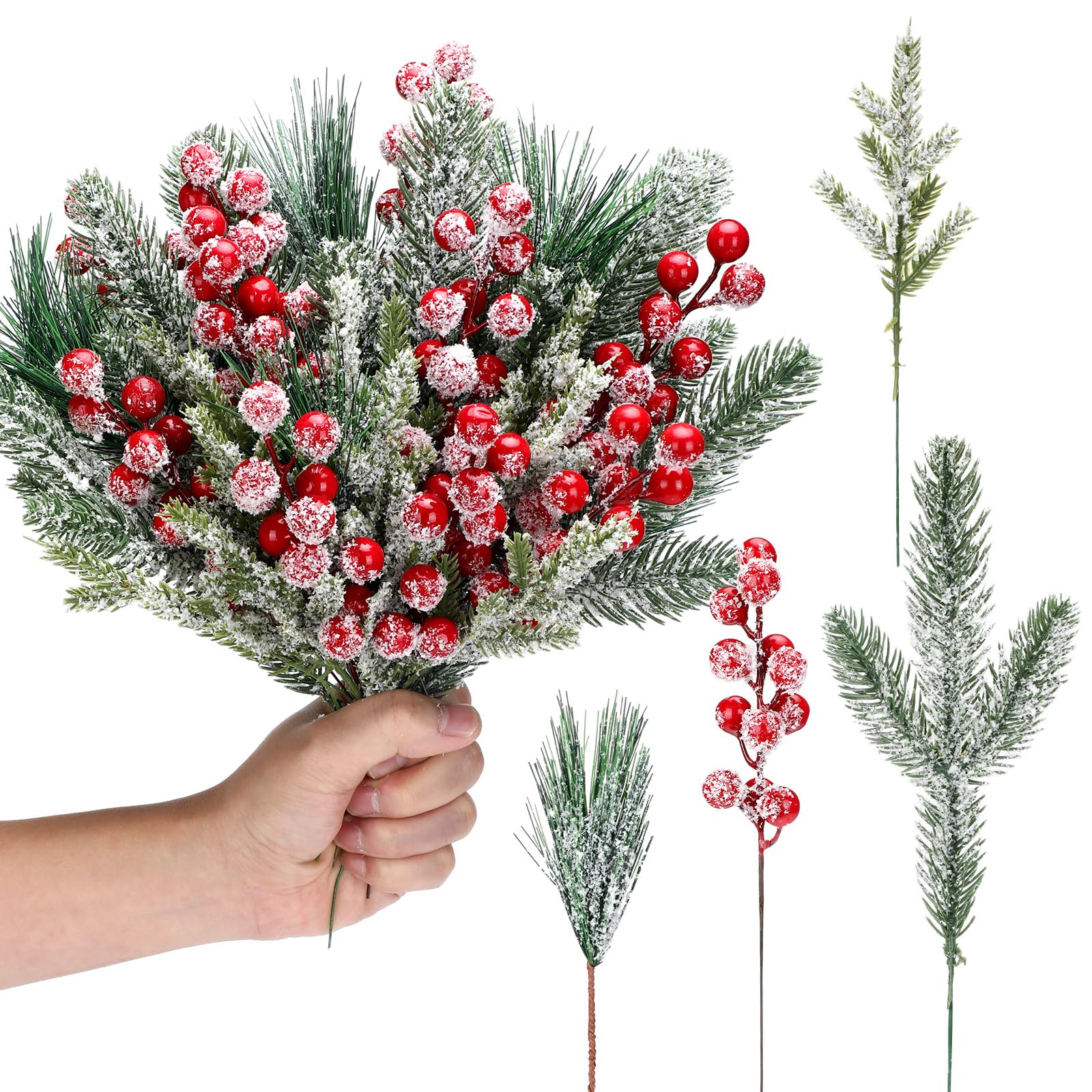Photo 1 of Lyrow 80 Pieces Christmas Snowy Pine Tree Picks Artificial Berry Stems Sprays Faux Cedar Pine Needles Branches for Holiday Arrangement Wreath DIY Garland Holiday Decor Winter Greenery (Red)