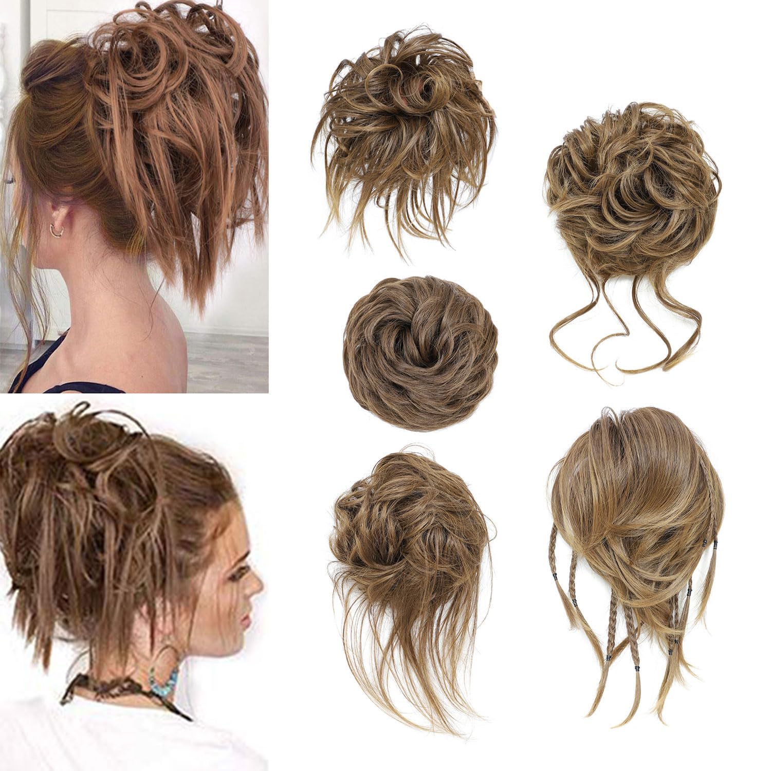 5 PCS Messy Bun Scrunchies Curly Wavy Messy Bun Hair Pieces for Women Hair Scrunchie HAIR Updo Accessories - Light Brown