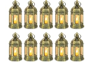 10pcs Mini Lanterns Decorative for Centerpiece: Romadedi Hanging Small Gold Lantern Bulk with Flickering LED Candles for Hall