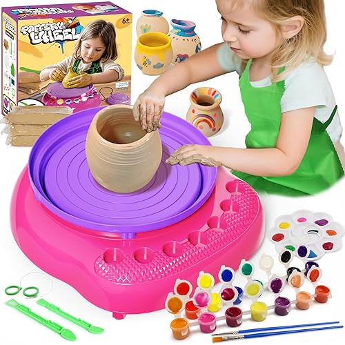 Vinkp Pottery Wheel for Kids - Complete Pottery Painting Kit Arts and Crafts for Kids Ages 8-12 with Air Clay Art Supplies for Girls Boys Toys Birthday Christmas Gifts for 6 7 8 9 10 11 12 - Pink