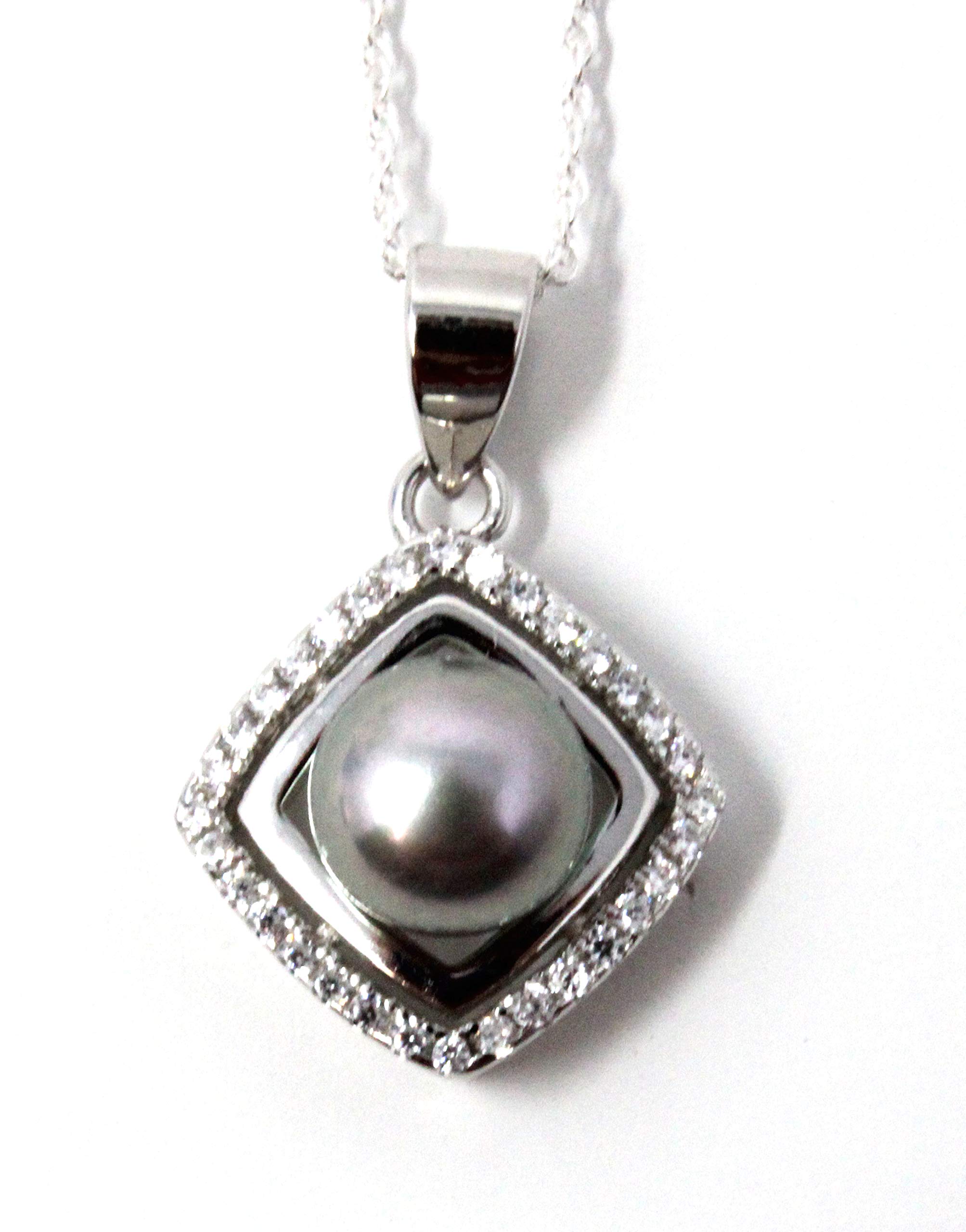 Catherine's C O L L E C T I O N Silver Cubic Zirconia 6.5-7mm Grey Freshwater Cultured Button Shape Pearl Square Pendant Necklace (Chain Length 45.75cm/ 18")