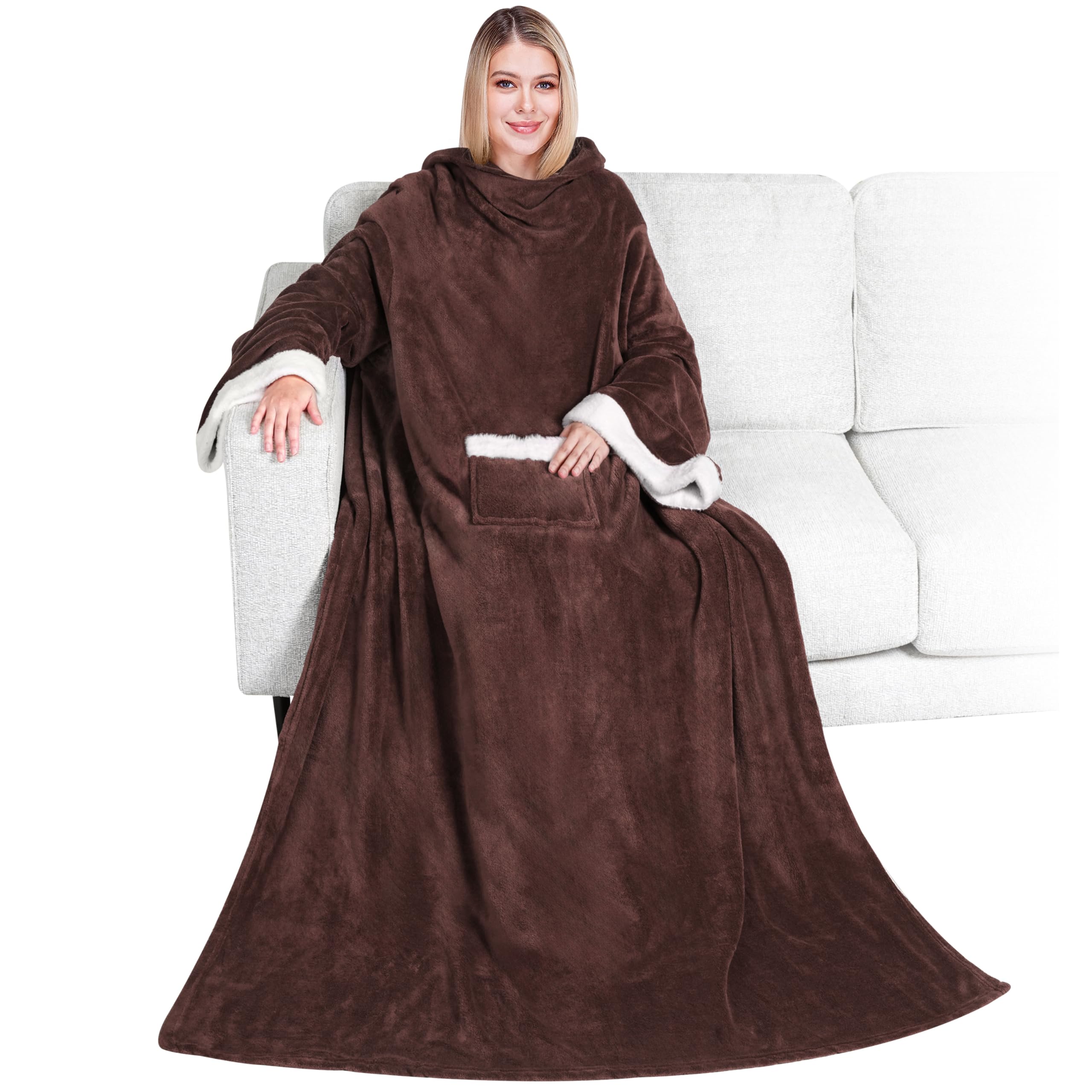 Photo 1 of PAVILIA Fleece Blanket with Sleeves for Women Men Adults, Wearable Blanket Warm Soft Plush, Snuggle Pocket Sleeved TV Throw Wrap, Cozy White Elephant Gifts Ideas for Mom Wife, Brown