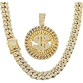 Hillban Diamond Cuban Link Yellow Color Chain for Men with Rotatable Dollar Sign Pendant Necklace Hip Hop Rapper Chain Jewelry Gift for Men Women