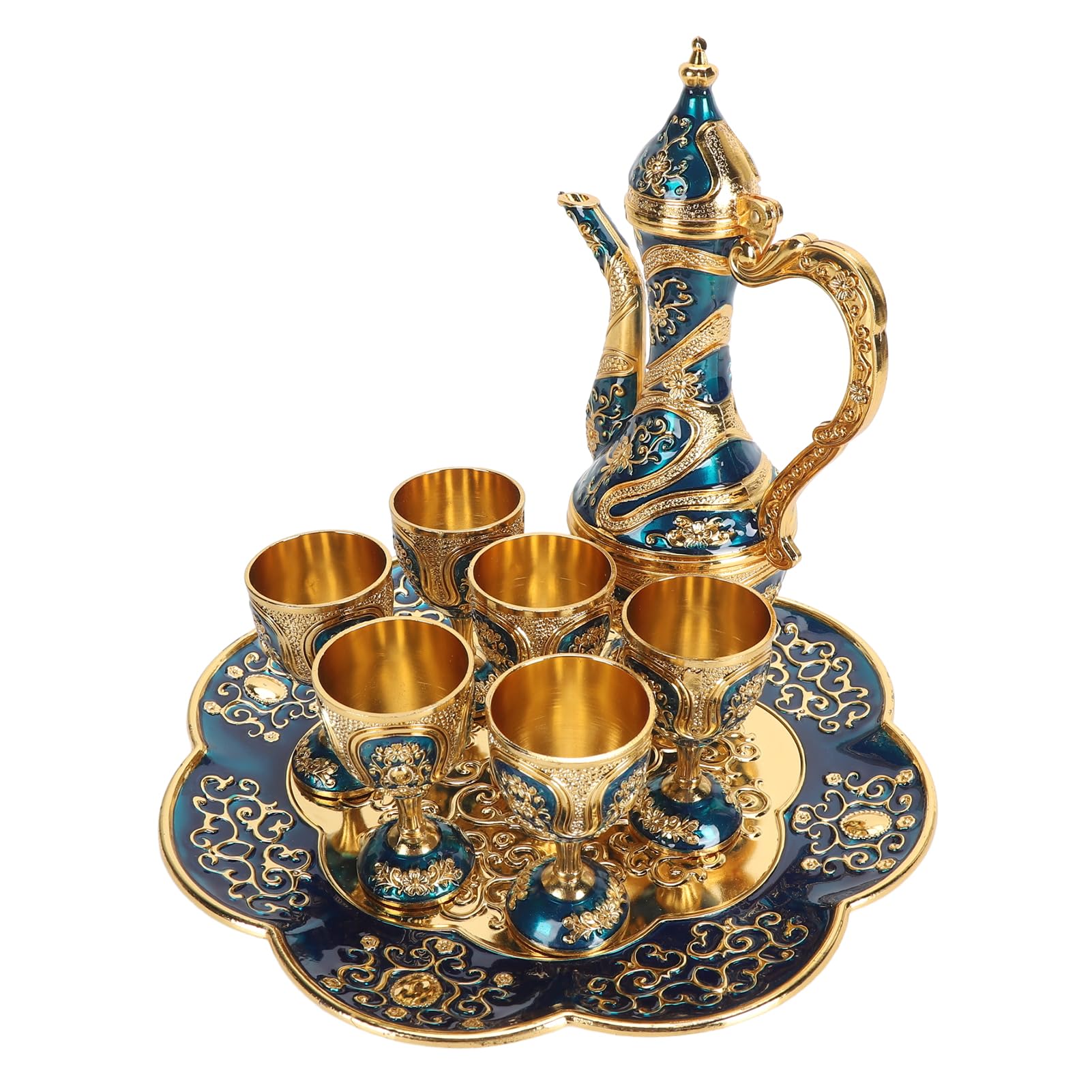 Zinc Alloy Tea Cup Set Easy to Clean Elegant Durable Vintage Turkish Tea Set with Tea Tray for Coffee Shop (Gold Blue)