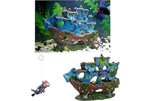 AWXZOM Aquarium Shipwreck Decoration + Little Diver Floating Fish Tank Decoration, Fish Tank hidout, Fish Tank Ornaments, Aquarium cave, Betta Decor