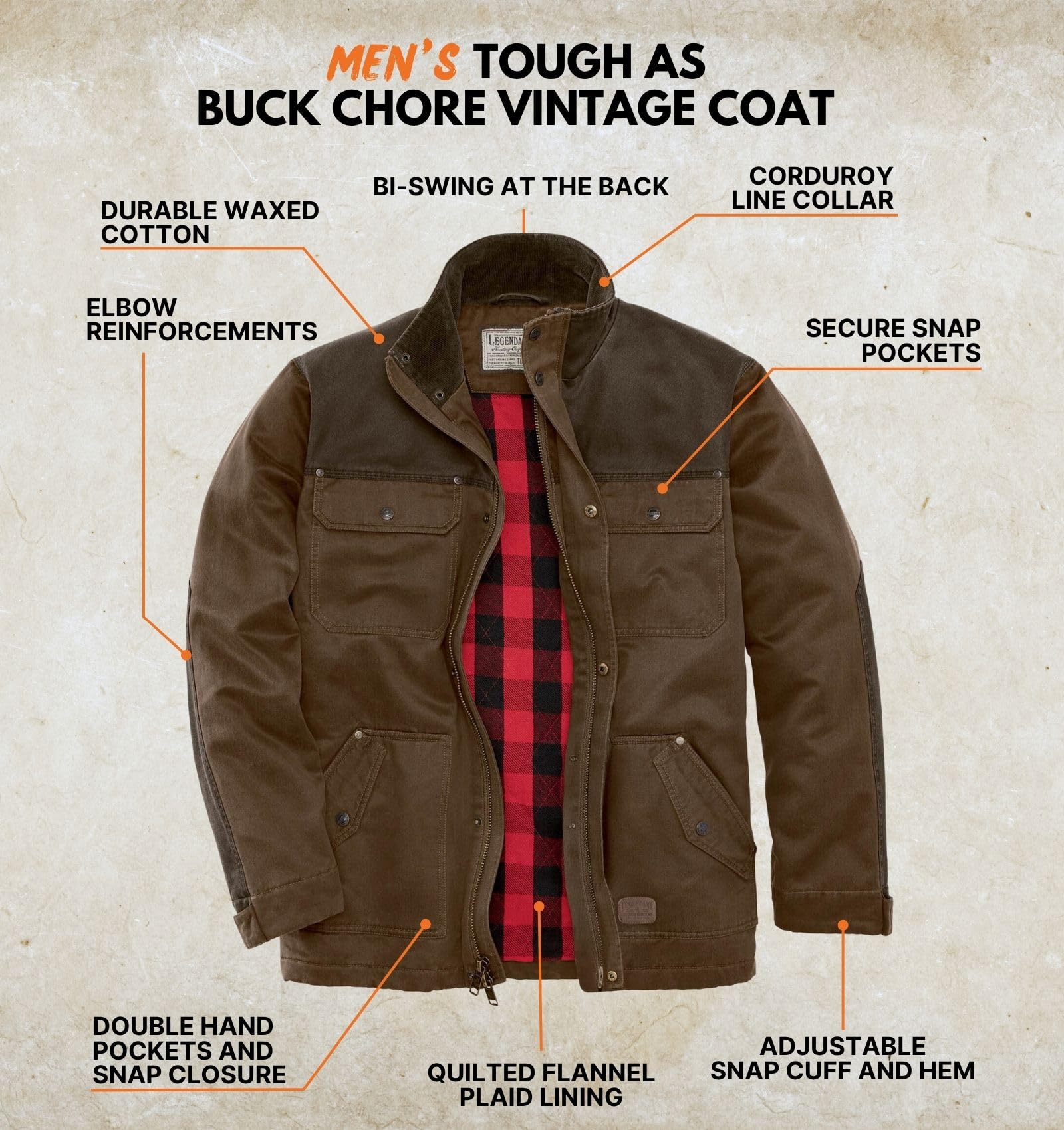 Legendary Whitetails mens Barn Chore Coat Vintage Work Jacket Waxed Cotton Water Resistant