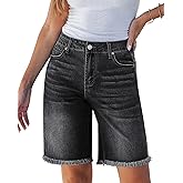 luvamia Jean Bermuda Shorts for Women Trendy Mid Rise Raw Hem Knee Length Stretchy Denim Long Shorts Summer Casual Jorts