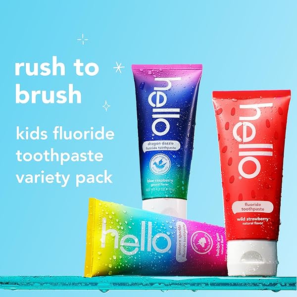 HELLO KIDS FLUORIDE TOOTHPASTE VARIETY PACK, INCLUDES A STRAWBERRY TOOTHPASTE, UNICORN BUBBLE GUM TOOTHPASTE, AND BLUE RASPBERRY TOOTHPASTE, SAFE FOR AGES 2 AND UP, 3 PACK, 4.2 OZ EACH
