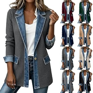 Jean Jacket for Women Trendy Ribbed Blazer Denim Patchwork Work Casual | Stylish design, innovative Lightweight Knit and deni