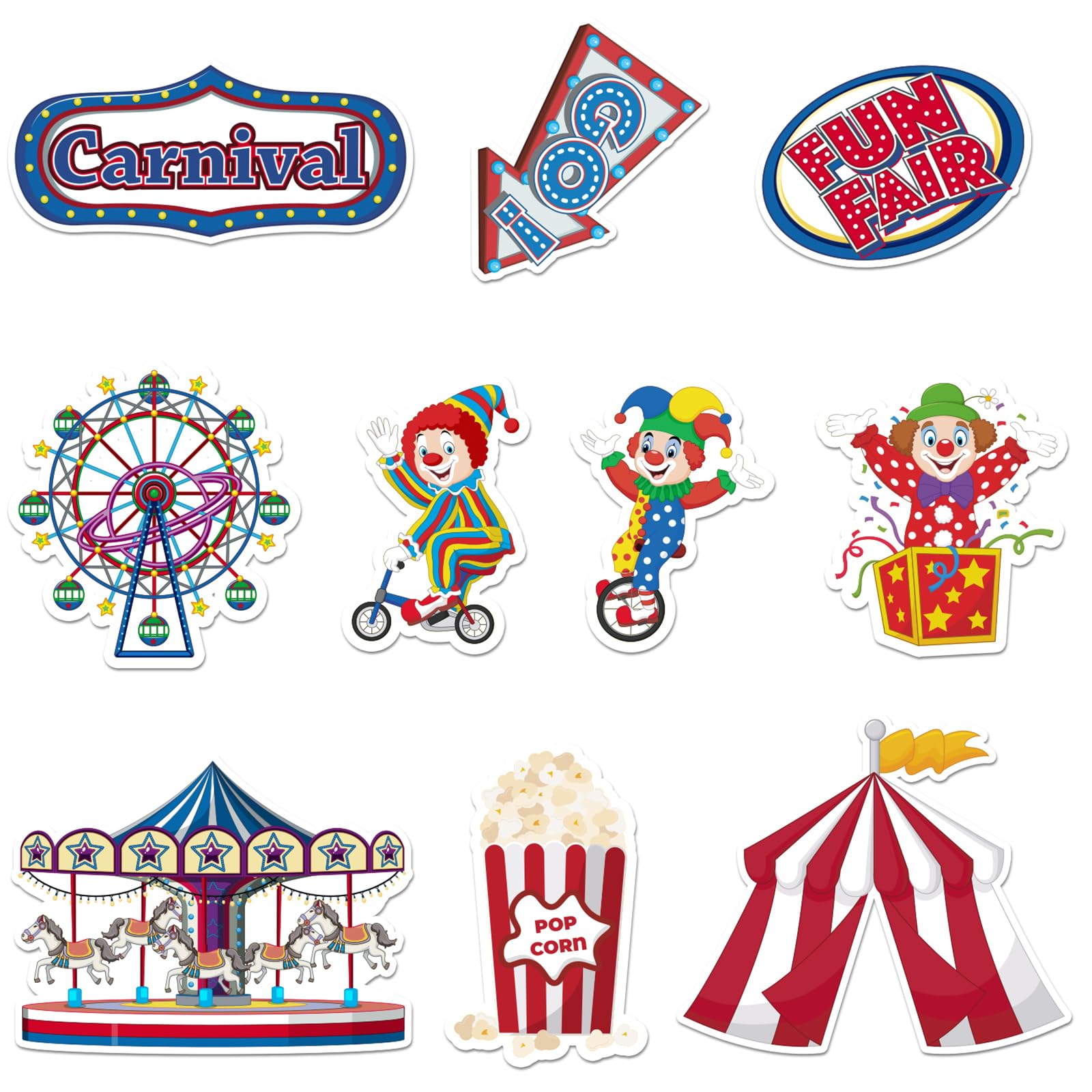 Photo 1 of ALIBBON 40 Pieces Carnival Cutouts 10 Styles Circus Theme Birthday Party Supplies Clown Carousel Ferris Wheel Cut-Outs for Carnival Theme Party Favors Bulletin Board Decorations