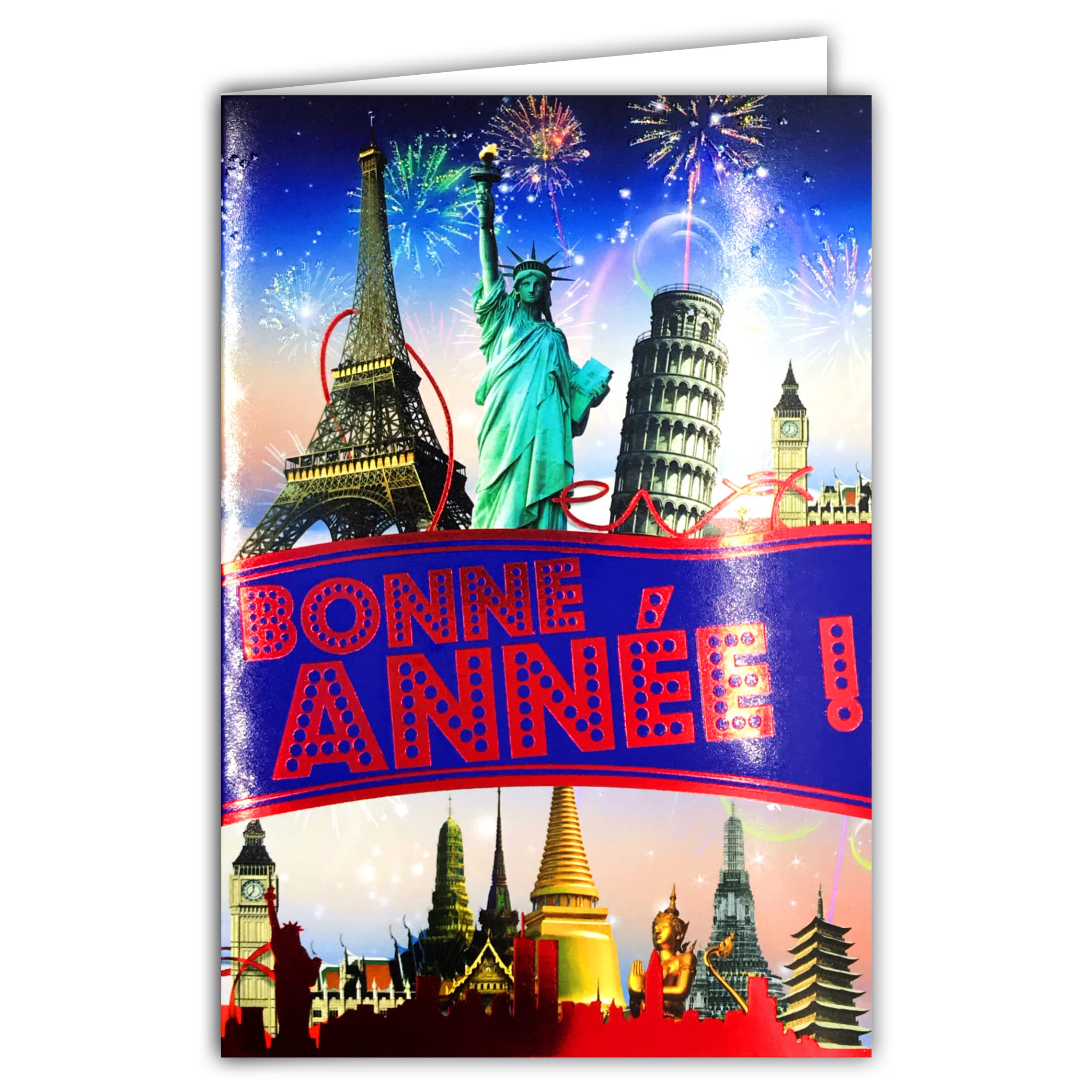 LOT10-61-4037-B BA Pack of 10 Cards + 10 Envelopes - Happy New Year Monuments Fireworks Glitter