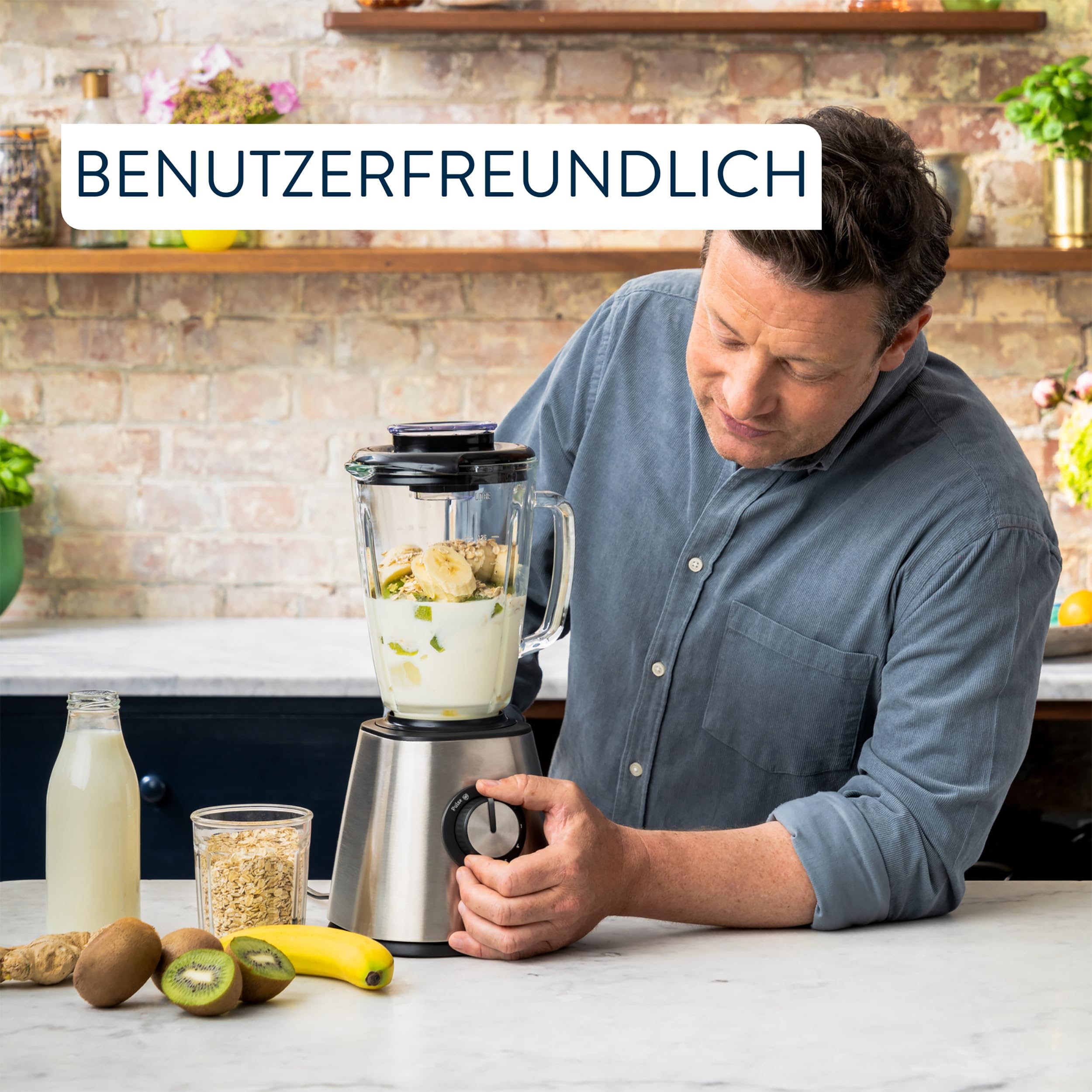 Jamie Oliver by Tefal Standmixer, benutzerfreundlich, 800 Watt Leistung, robuster Thermoglas-Behälter (1,25 L Nutzinhalt), Crushed-Ice-Funktion, 5 Geschwindigkeitsstufen, Mixer, Edelstahl, BL43J810 3