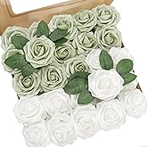YEEFLORA Artificial Flowers, 25pcs Artificial Rose for DIY Wedding Bouquets Centerpieces Arrangements, Sage Green and White Foam Flowers with Stem for Bridal Shower Party Home Decorations
