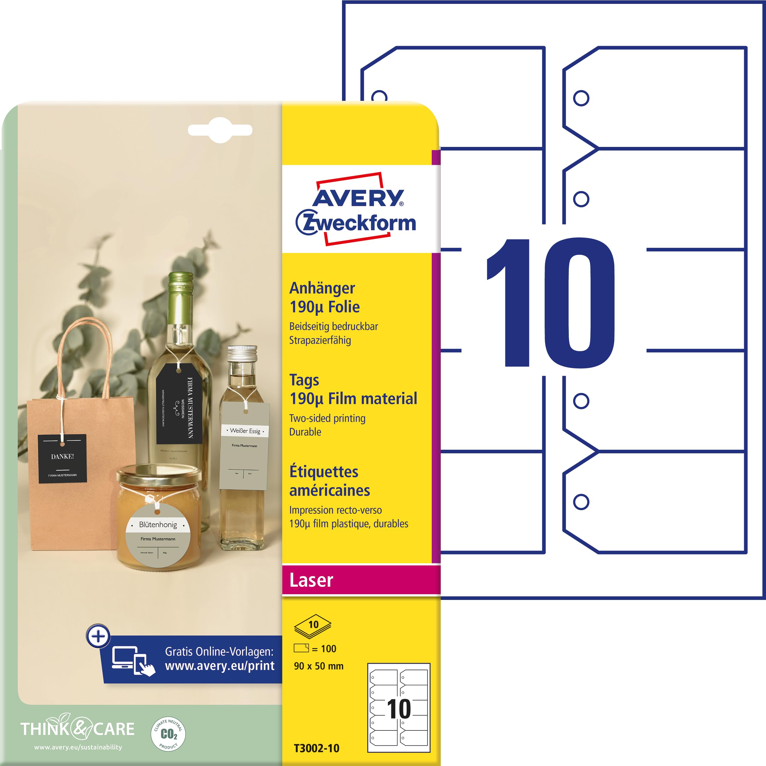AVERY Zweckform T3002-10 Sturdy Tags Pack of 100 with Cords 90 x 50 mm on A4 Printable on Both Sides Tear-Resistant Durable Gift Tags Price Tags Film White