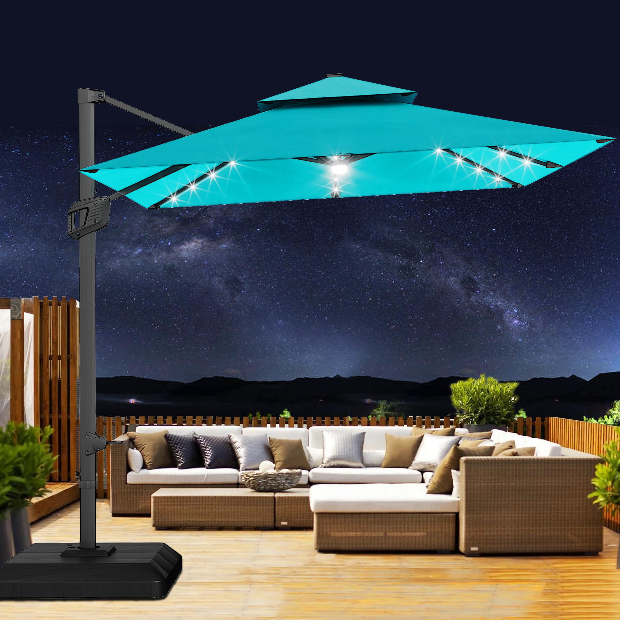 Photo 1 of 10' x 10' Heavy Duty Cantilever Patio Umbrella with Solar LED Lights & Weighted Base, 2-Tier Square Aluminum Offset Umbrella with 360-Degree Rotation for Backyard, Deck, Pool, Turquoise Blue