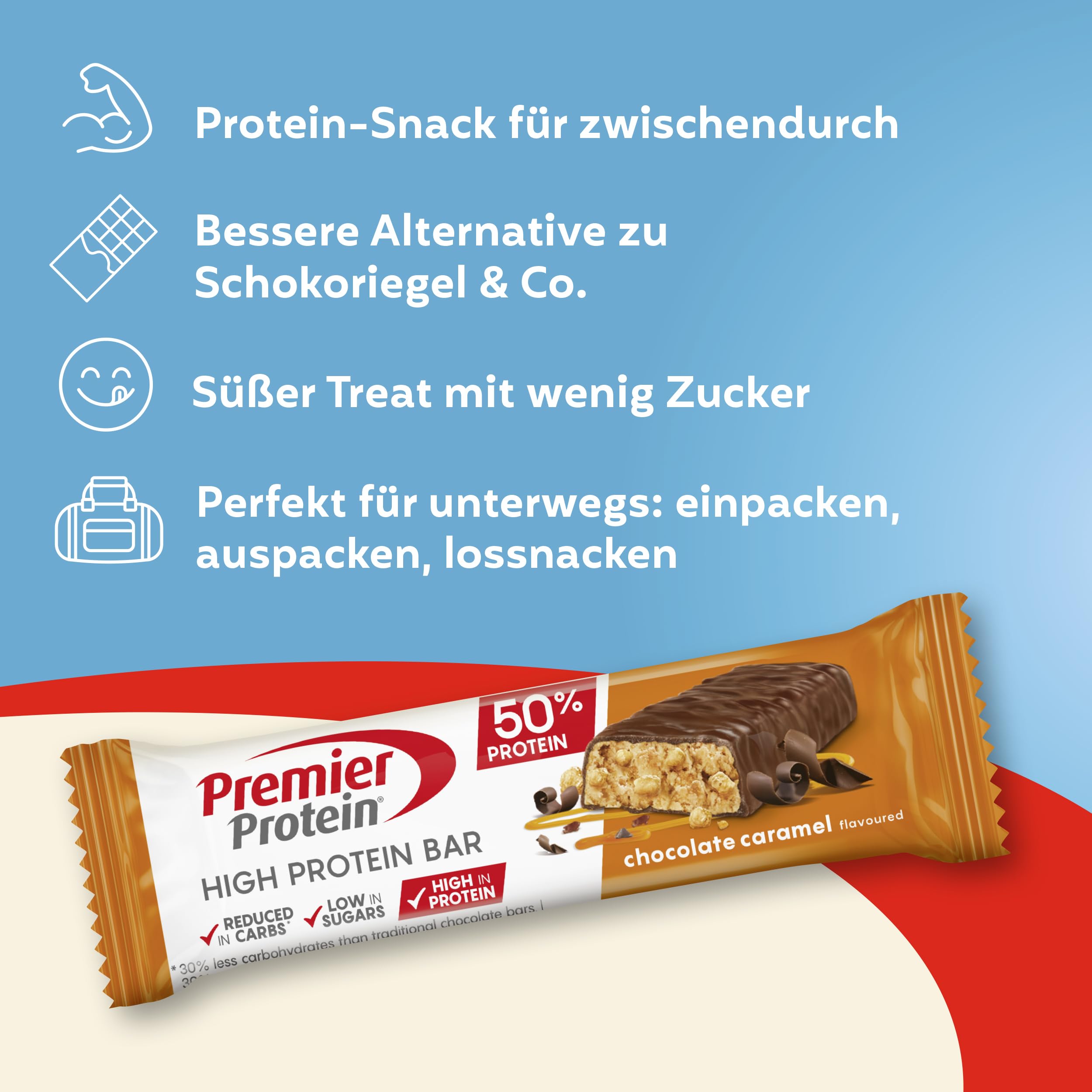 Premier Protein - High Protein Bar 50% - Chocolate Caramel - 16x40g - Low Sugar - Low Carb - palmölfrei 4