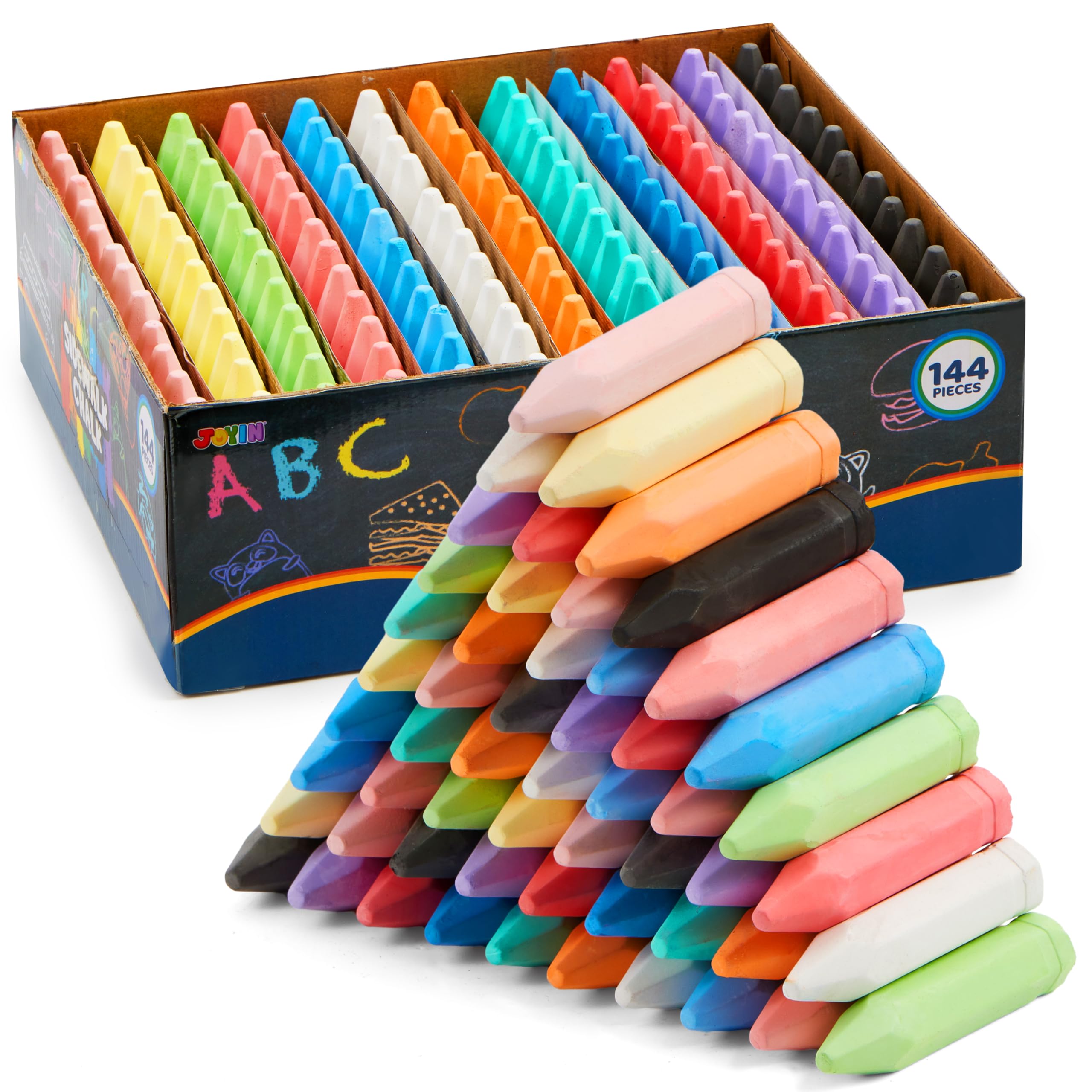 JOYIN 144 PCS Cone Shaped Washable Sidewalk Chalks, 12 Colors, Non-Toxic Jumbo Colored Chalk for Toddlers 1-3, Painting for Outdoor Art, School Supplies, Classroom Must Haves