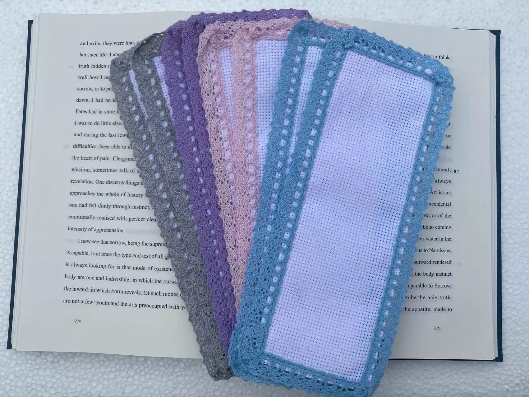 8pcs Colored lace Edged 14ct aida Fabric DIY Blank Cross Stitch Bookmark, Blank Cross Stitch Book Mark