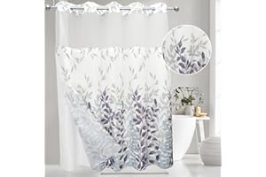 VIUOON No Hook Shower Curtain with Snap-in Fabric Liner Set, Double Layers Heavy Duty Fabric Large Leaf Pattern Bathroom Curtain with See Through Top, Hotel Grade, Machine Washable, 71Wx74L