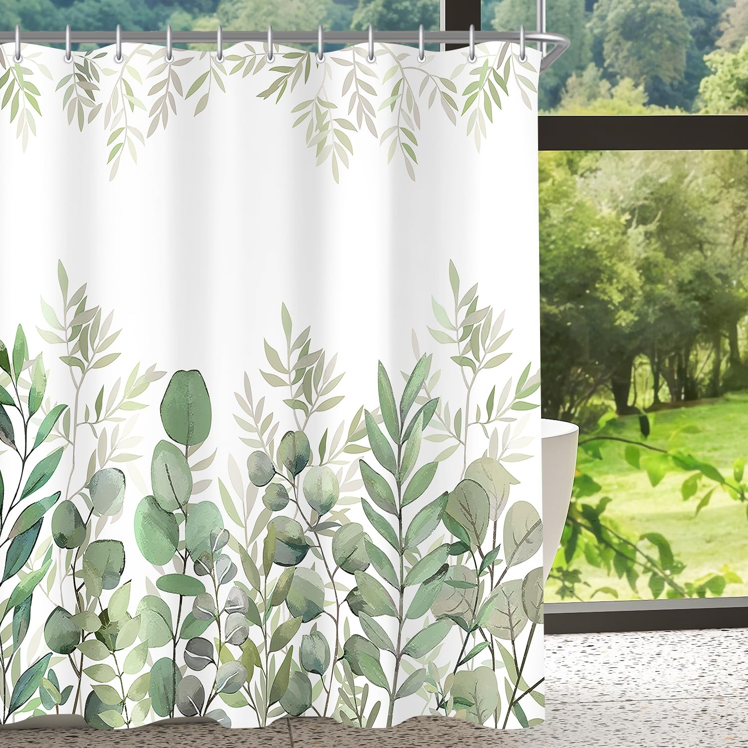 Lerores Shower Curtain, 150 x 200 cm, Leaves, Weighted Hem, Anti-Mould Textile, Waterproof Surface, Washable Polyester Fabric Bath Curtains for Bathroom, Bathtub with 8 Shower Curtain Rings