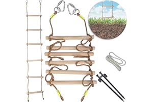 CATEAM Wooden Rope Ladder for Kids with Ground anchoring - Lenght 6.5'(2m) Width 16"(40cm) - Outdoor or Indoor Climbing Rope Ladder for Ninja Slackline, Backyard, Playground, Home Gym, Park, Treehouse