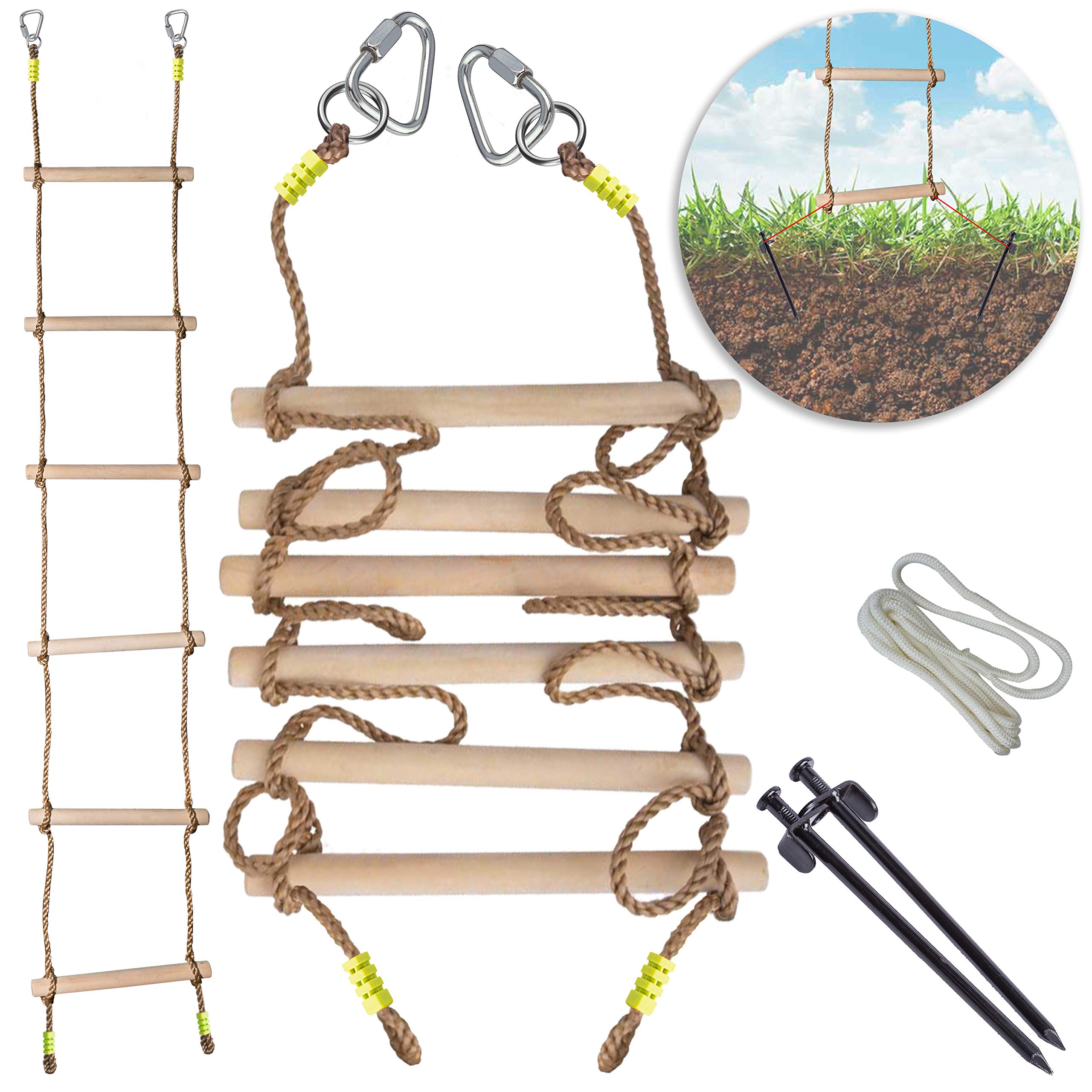 Wooden Rope Ladder for Kids with Ground anchoring - Outdoor or Indoor Climbing Rope Ladder for Ninja Slackline, Backyard, Playground, Home Gym, Fitness Class, Park, Treehouse