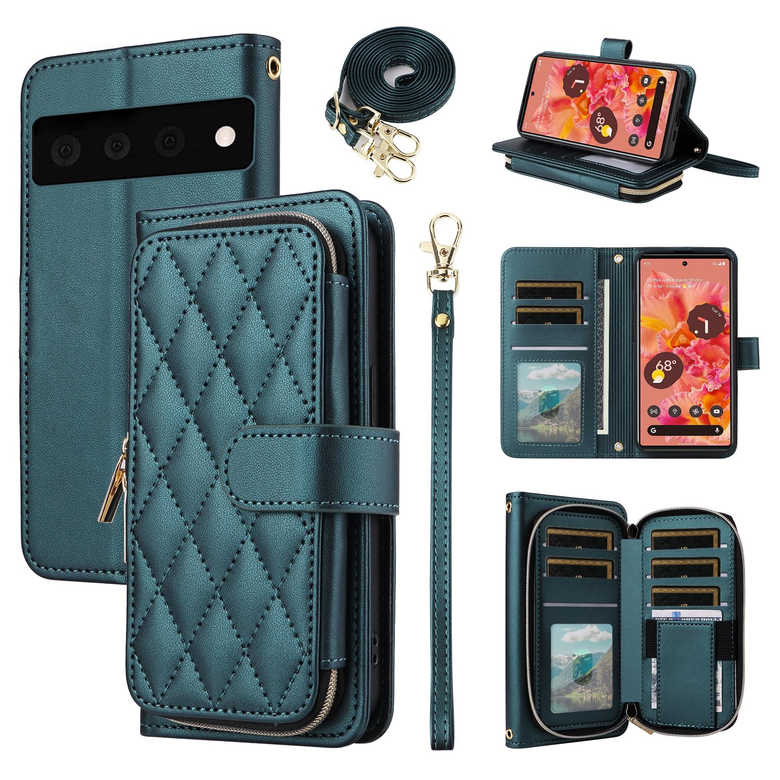 ELISORLI Wallet Case for Google Pixel 6 with Detachable Wrist Strap, Crossbody Shoulder Strap, 9+ Card Slots, Zipper Purse Luxury PU Leather Stand Cell Phone Cover for Pixel6 Pixle Six Women Green