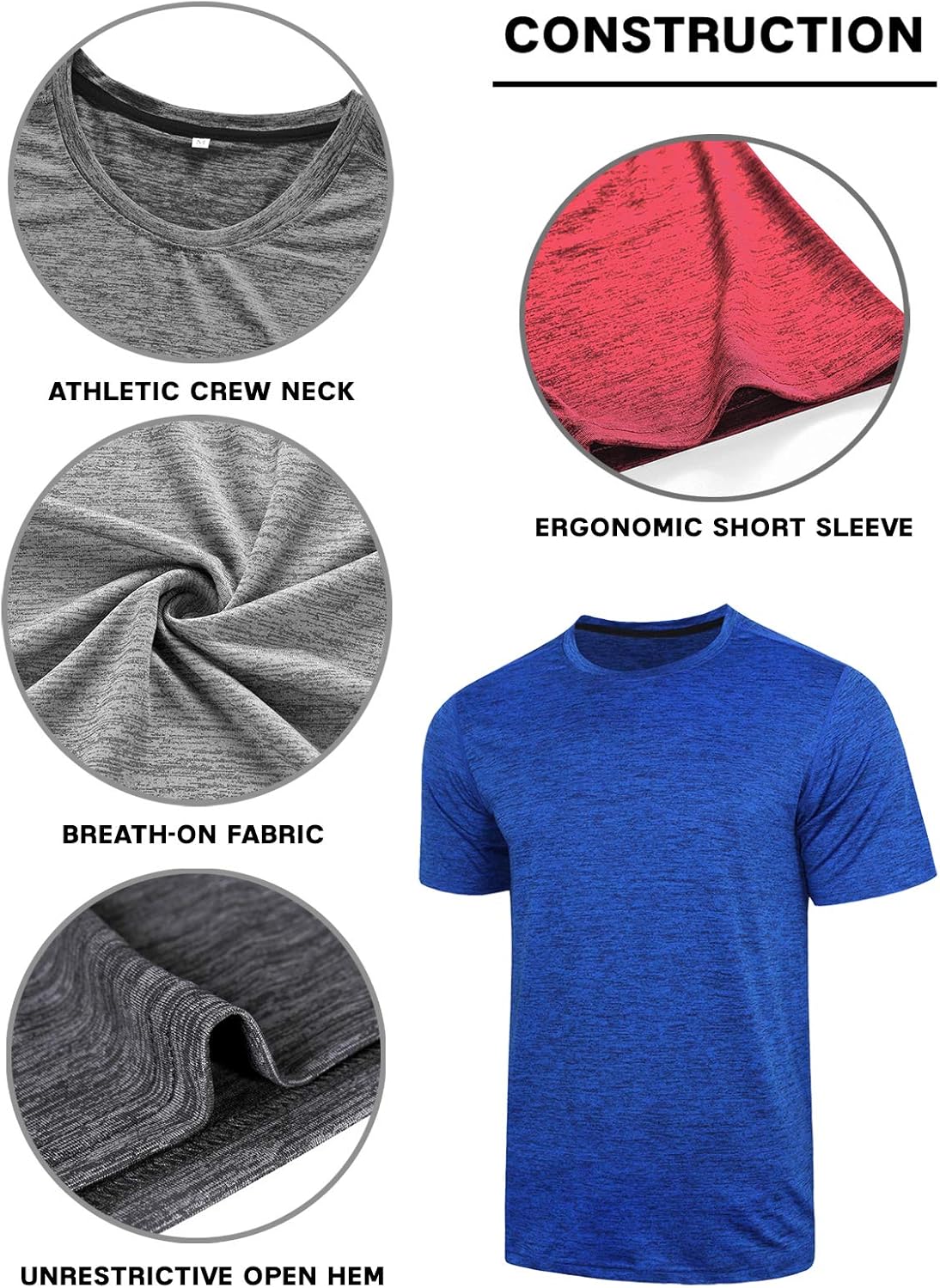 5 Pack Men’s Active Quick Dry Crew Neck T Shirts | Athletic Running Gym Workout Short Sleeve Tee Tops Bulk: Clothing