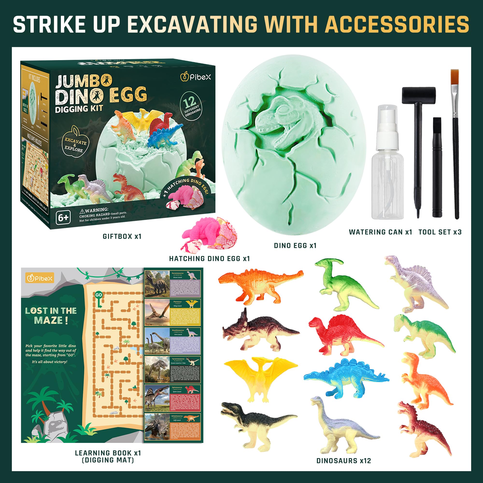 PIBEX Jumbo Dinosaur Egg Dig Kit - Dig up 12+ Unique Dino Figures & Hatching Dino from Giant 6