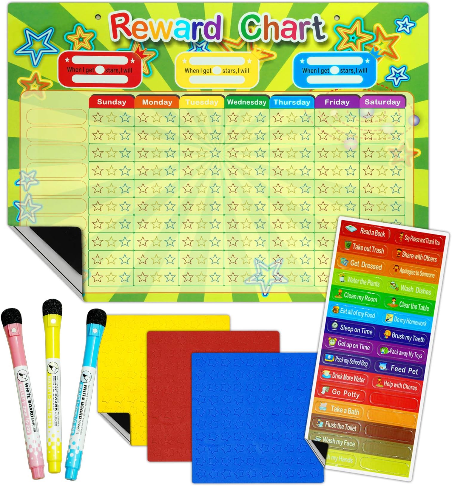 Magnetic Reward Chart,Magnetic Chore Chart Good Behaviour Charts for Children with 3 Dry Wipe Marker Pens and Hanging Loop,Magnetic Star Reward Chart 40 x 30 cm