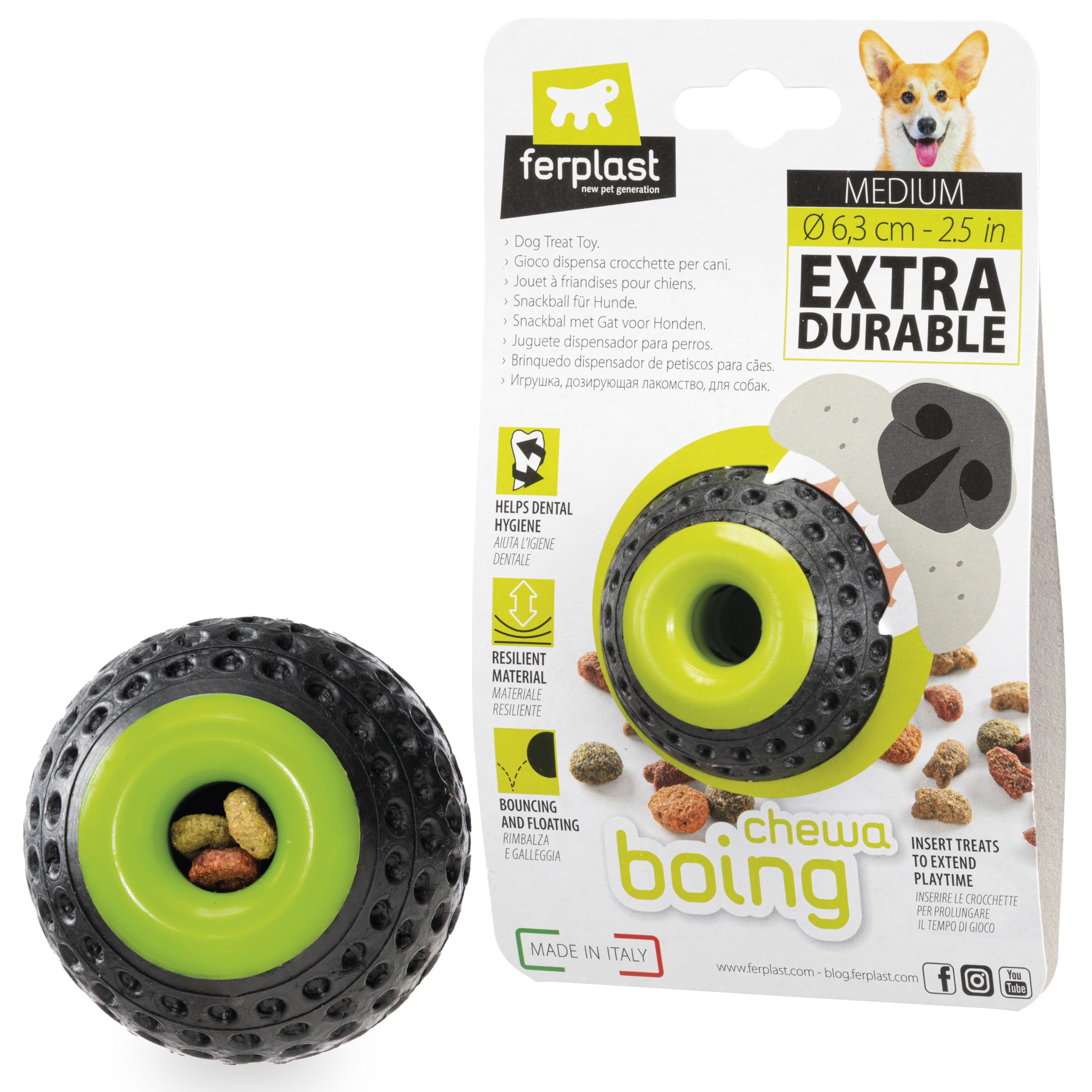 Ferplast CHEWA BOING Medium Size Dog Treat Toy Ball - Durable, Non-Toxic, Bite Resistant, Dog Dental Hygiene, Bouncing and Floating, Black