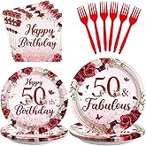 96Pcs Burgundy 50th Birthday Party Supplies Rose Gold Floral 50 and Fabulous Plates and Napkins Tableware Sets for Womens Burgundy Happy 50 Years Old Birthday Decorations Serves 24
