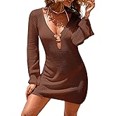 Dokotoo Beach Cover Ups for Women Sexy Deep V Neck Crochet Swimsuit Knit Hollow Out Cover Up Dress Summer Vacation