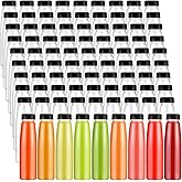 Tanlade 100 Pcs Plastic Juice Bottles with Caps Refrigerator Drink Container with Lid Clear Reusable Beverages Bottles for Juices, Milk, Tea, Fridge Storage, Take out (Black Cap,10 oz)