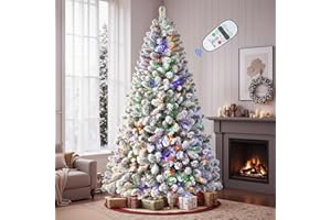 SHareconn 7ft Pre-Lit Flocked Artificial Hinged Christmas Tree with Remote Control, Timer and 400 Warm White & Multi-Color Li